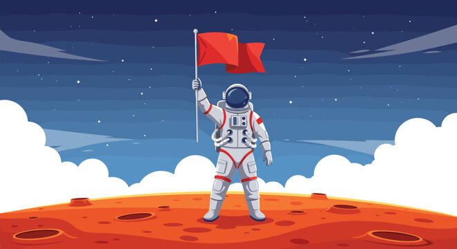 Brave astronaut stands on the surface of Mars and plants a red flag to symbolize the successful mission and space exploration.