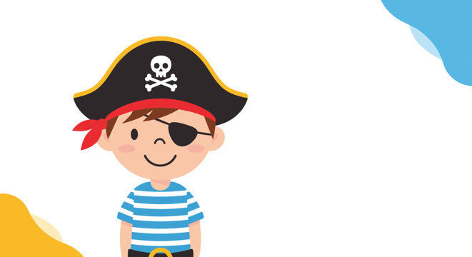 Happy little boy wears a pirate costume with a striped shirt and eye patch for a fun Halloween or themed costume party event.