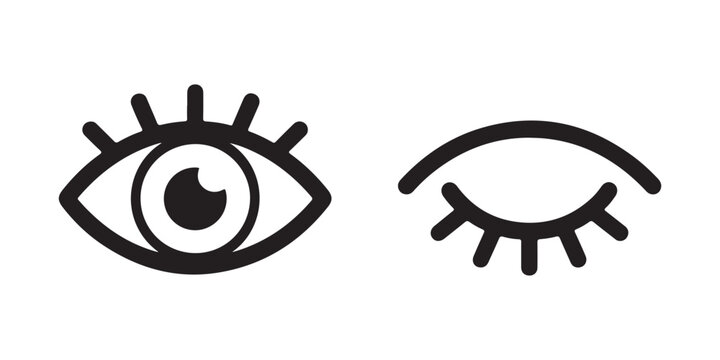 Stylized open and closed eye icons with thick lashes representing vision and sleep for wellness and beauty app.