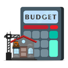 Fototapeta premium Home construction budget concept with calculator and crane lifting money, representing property cost planning, real estate investment, and housing finance management.