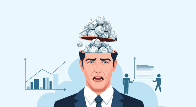 Stressed businessman with top of his head open revealing many crumpled balls of paper representing cluttered thoughts.