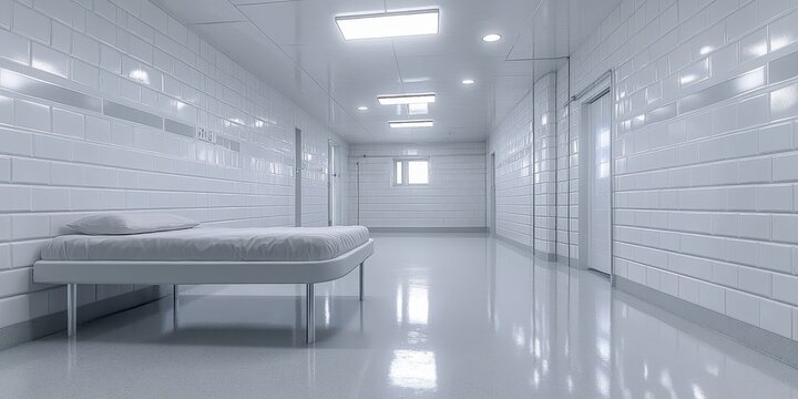 A clean, white padded room of a modern insane asylum with a single bed, featuring sterile wallsisolation
