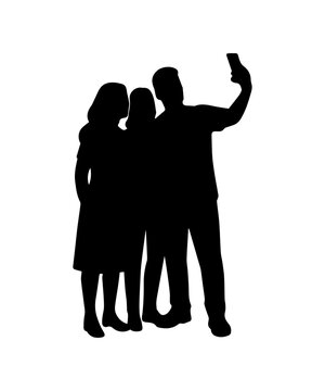Family taking a selfie silhouette on white background