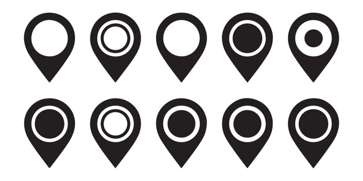 Set of black location pin icon with various circle designs. map pointer symbol in flat style for gps navigation.