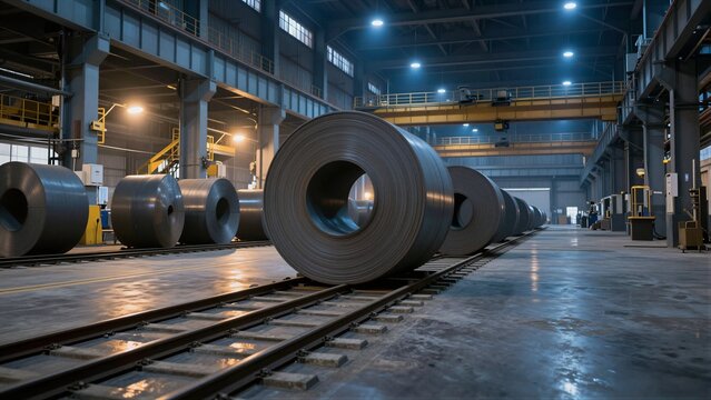 Large steel coils on railway tracks inside a modern industrial facility with overhead cranes and bright lighting.