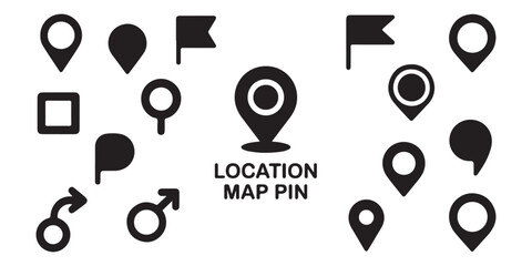 Assortment of location map pin icons, flag markers, and directional arrows for navigation and travel features. © Md