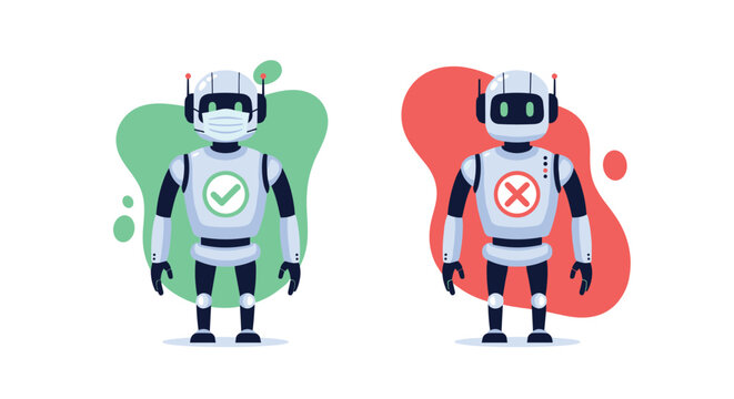 Robot wearing a face mask with a green checkmark versus a robot without a mask with a red cross for safety guidelines.