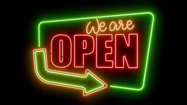 We are open glowing neon sign seamless loop animation on uniform background for easy blending