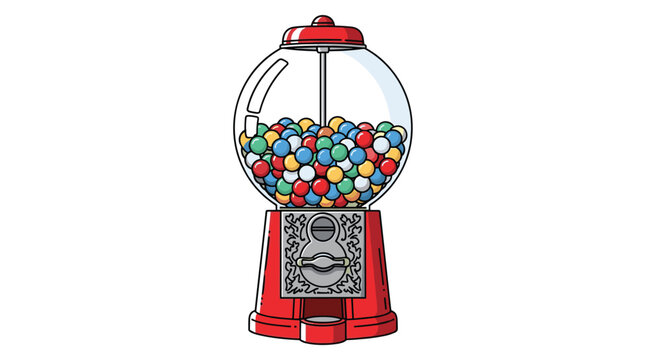 Retro style gumball machine with a red metal body and glass globe filled with many colorful round chewing gum balls.
