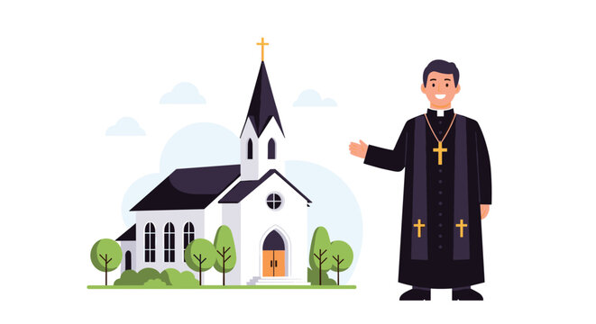 Friendly catholic priest standing in traditional black robes and a golden cross necklace in front of a white church building.