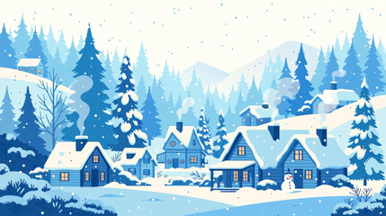 Fototapeta premium Beautiful winter village landscape with cozy snow covered houses in pine forest illustration