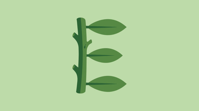 Stylized lowercase letter E formed by a vibrant green plant stem with three fresh leaves, botanical alphabet symbol