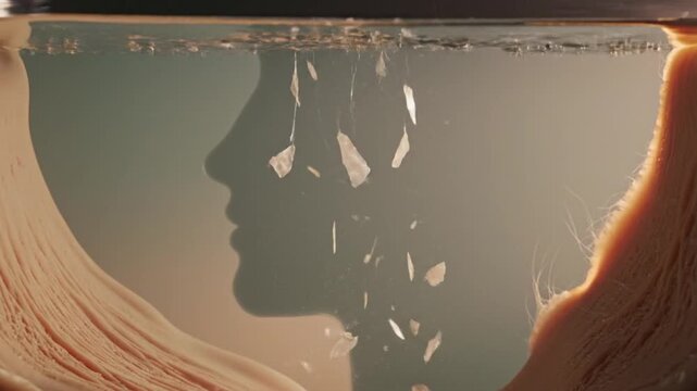 Corporate mental wellness and anxiety relief depicted by an abstract profile head silhouette where an internal storm clears into calm fluid