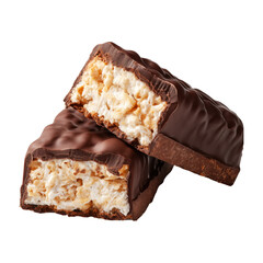 Obraz premium Chocolate snack protein energy fitness bar with nut cereal filling isolated on white background concept of sweet treat