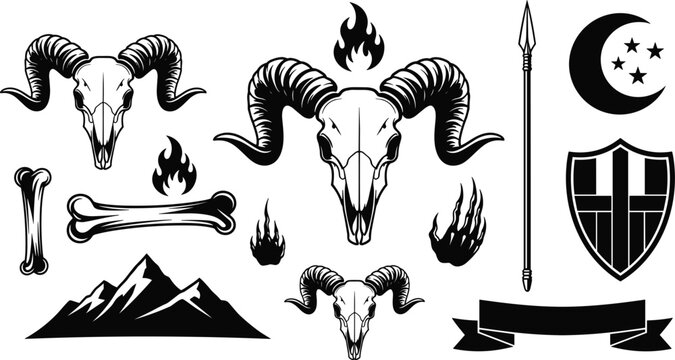 Vector Set of Dark Fantasy and Warrior Icons, Featuring Ram Skull, Flames, Mountain, Shield, Spear, Bone, and Crescent Moon Symbols for Medieval and Gothic Designs