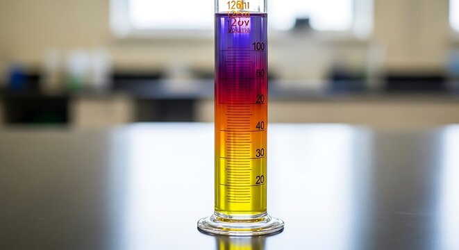 Graduated cylinder filled with a colorful liquid density column experiment.