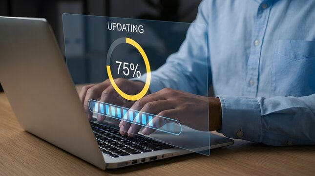 Man in a blue shirt working on a laptop with a software update progress bar displayed