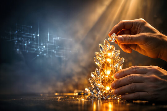 Human hands assembling glowing crystal sculpture symbolizing organic human ingenuity artisan tech creative ethics human vs AI labor value tax credit legislation craftsmanship marketing