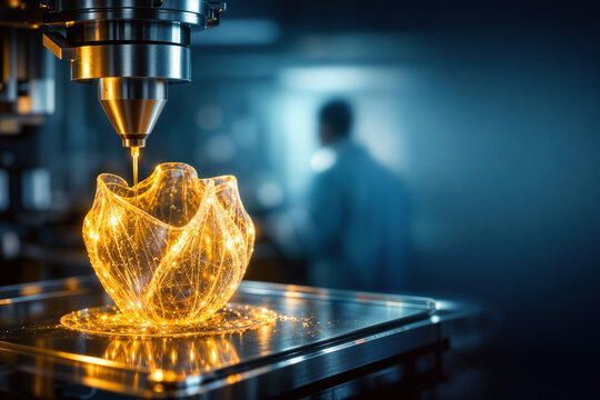 Futuristic bioprinter nozzle crafting translucent golden bioluminescent heart valve representing regenerative medicine organ transplant tissue engineering and on-demand organ banks