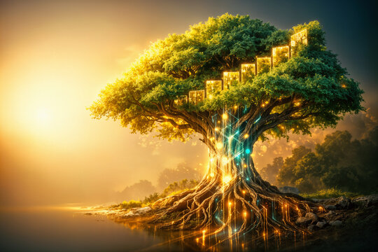 Longevity Dividend conceptual tree with crystalline senolytic trunk and data-stream roots forming economic growth chart canopy symbolizing anti-aging science and silver economy prosperity