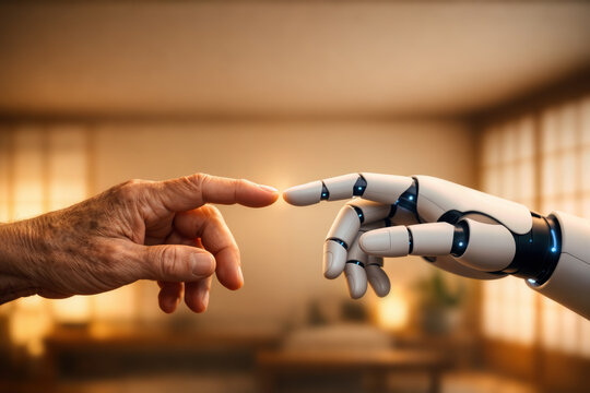 Elderly human hand and matte white humanoid robot hand almost touching in Japanese minimalist home suggesting robotic companionship AI caregiving for aging population domestic assistant