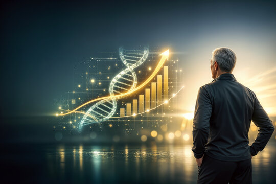 Longevity Dividend concept with active senior silhouette, DNA helix and upward financial growth curve symbolizing senolytics economic prosperity and silver economy future