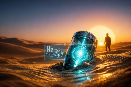 Futuristic glass hydrogen fuel cell glowing cyan core in Sahara desert dunes with holographic H2 interface engineer silhouette energy export global transition sustainability