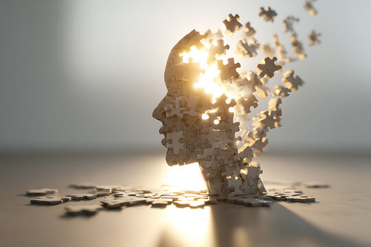 Conceptual human head made of puzzle pieces breaking apart with light, symbolizing mental health, clarity, cognitive change, memory, identity, and the process of healing and transformation