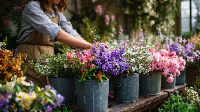 Florist selecting fresh flowers from metal buckets in a bright and colorful flower shop