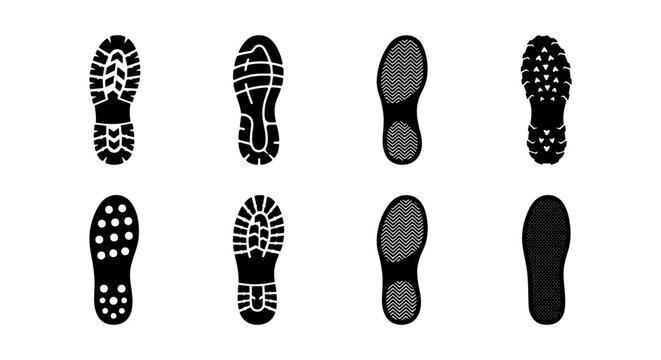 Shoe footprint vector icons set, black boot sole tread patterns, 8 footwear track silhouettes for forensic investigation and outdoor hiking design