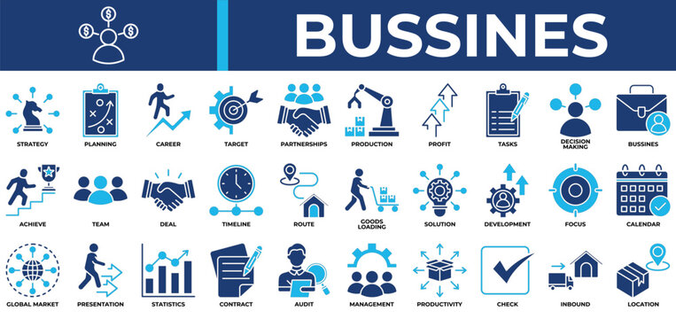 Bussines icon set collection. Containing achieve, statistics, evolution, corporation, profit, decision, employment .Solid vector icons collection