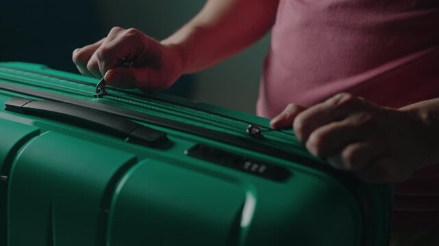Hands zipping modern green suitcase, securing luggage in preparation for upcoming journey, holiday, business travel, close-up. Concept of travel organization. Shooting in slow motion.
