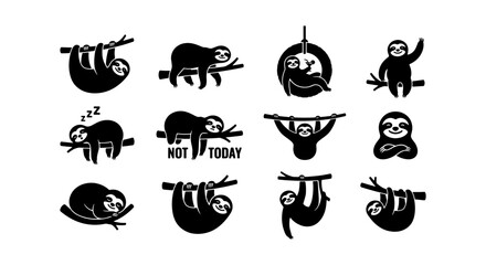 Fototapeta premium Sloth silhouette vector icon set, black sloth characters in various poses, funny lazy animal collection for stickers and t-shirt design
