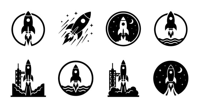 Minimalist rocket ship icon set, black and white space shuttle launch symbols, 8 vector startup business logos, cosmic exploration badges