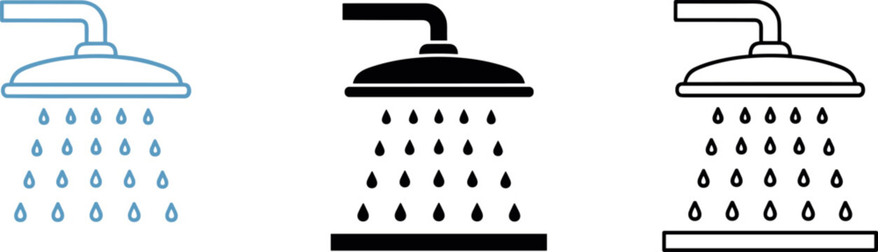 Shower head icons set with water drops in different styles line solid and outline bathroom vector illustration