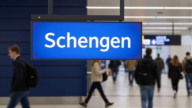 Blue Schengen sign at an airport terminal with travelers walking in the background.