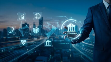 Obraz premium E-governance digital interface with businessman, smart city government technology icons, online public services and electronic administration concept