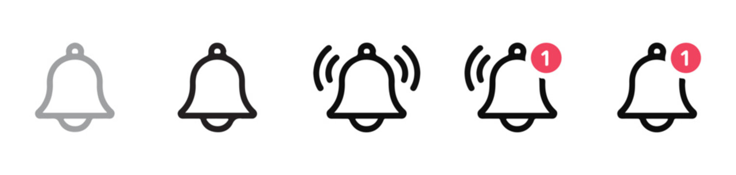 Notification bell icons set with unread message isolated on transparent background, bell symbol.