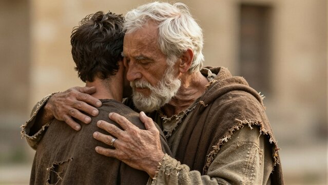 Elderly man embraces returning son in a heartfelt reunion, symbolizing forgiveness and redemption.