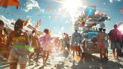 Fototapeta premium Vibrant Beach Festival Crowd and Futuristic Smart Kiosk with Digital Displays under Bright Sunlight