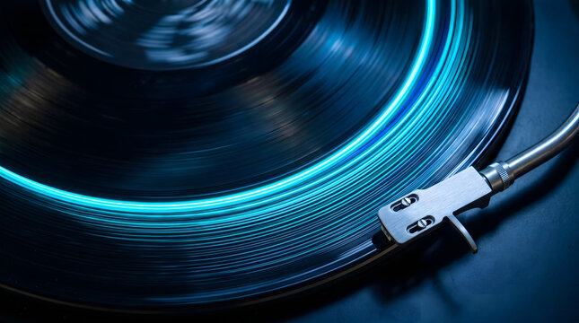 Cinematic close up of a spinning vinyl record on a turntable with glowing blue neon light trails and motion blur for electronic music culture.