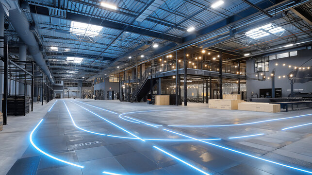 Hyrox sports arge indoor functional fitness race arena with running track loop and workout stations.