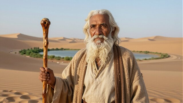 Old man prophet Moses holding a wooden staff in a desert landscape with an oasis, symbolizing faith and spiritual journey.