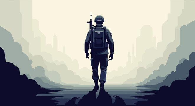 Soldier Standing Alone in Ruined City Silhouette, Military Veteran in Warzone Post Apocalyptic, Flat Vector Illustration