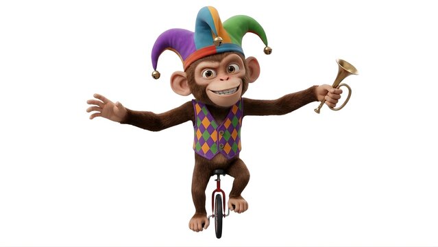 A cartoon monkey in a jester hat rides a unicycle while holding a horn