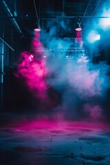 Naklejka premium Empty dark stage, neon spotlights, smoke texture background, fog stage interior, showroom