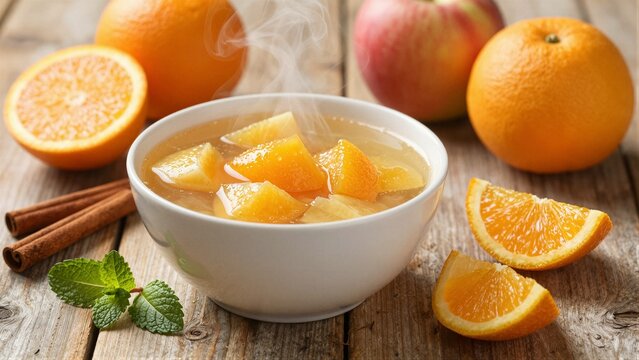 Steaming bowl of traditional Mexican ponche with oranges, apples, and cinnamon on a wooden table.