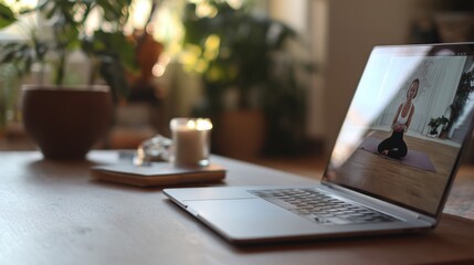 Naklejka premium Person practices yoga at home using a laptop for guidance at a sunny location