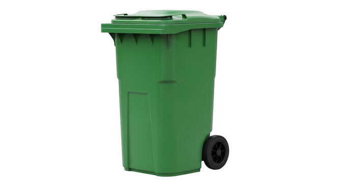 Large green outdoor recycling bin with wheels for waste disposal isolated on transparent background