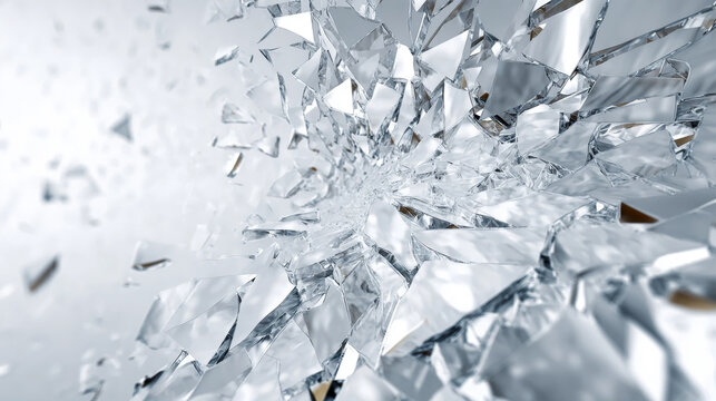 Abstract 3D illustration of broken glass shards exploding and flying in white space
